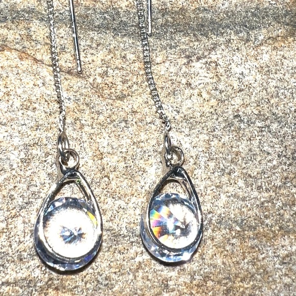 925 Silver Boho Diamond Chain Dangle Earrings threader water drop - Picture 4 of 4